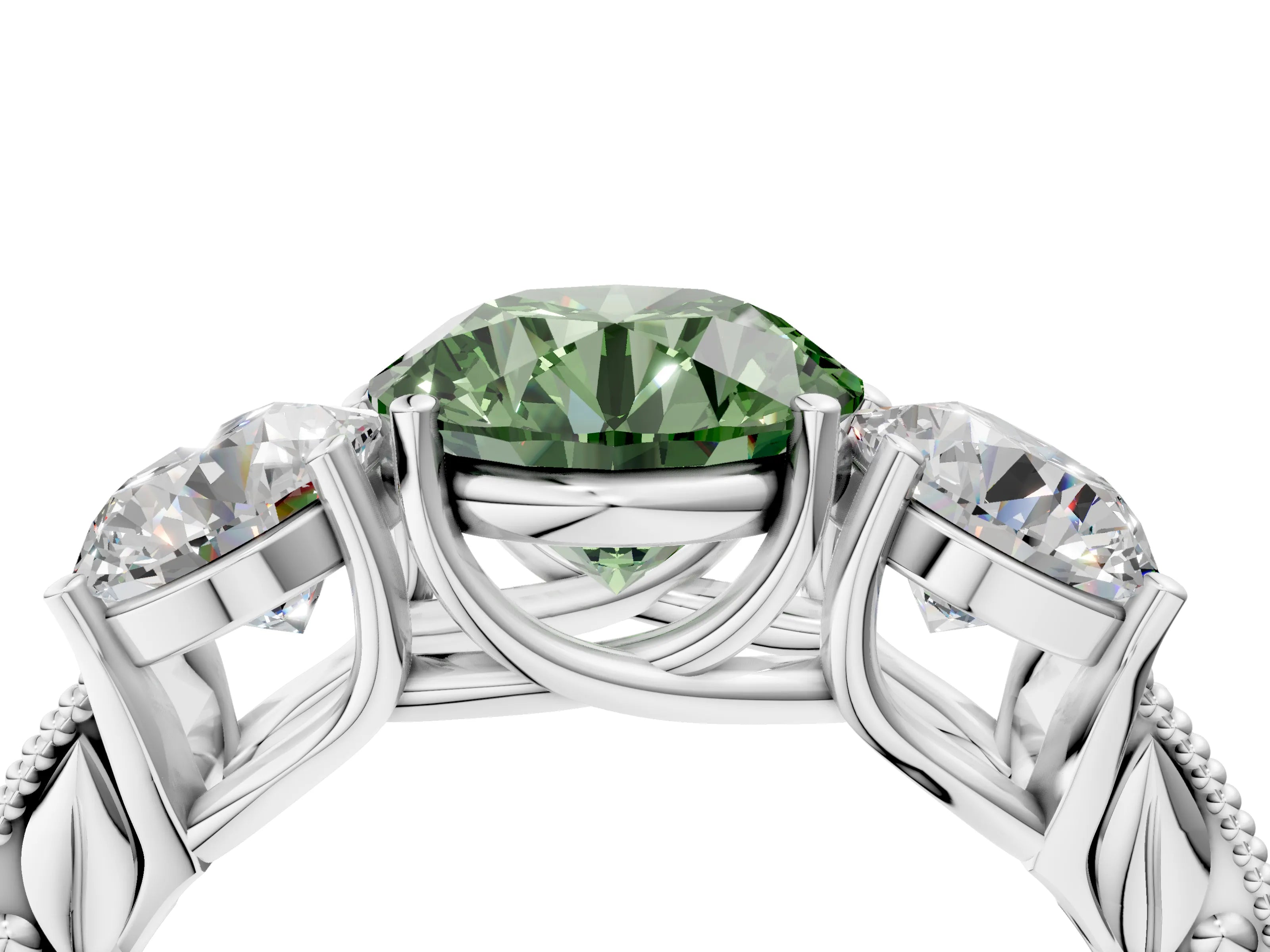White gold Three-Stone Fancy Green Round Cut Cut Milgrain Pavé Engagement Ring_16