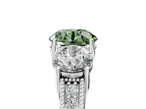 White gold Three-Stone Fancy Green Round Cut Cut Milgrain Pavé Engagement Ring_17
