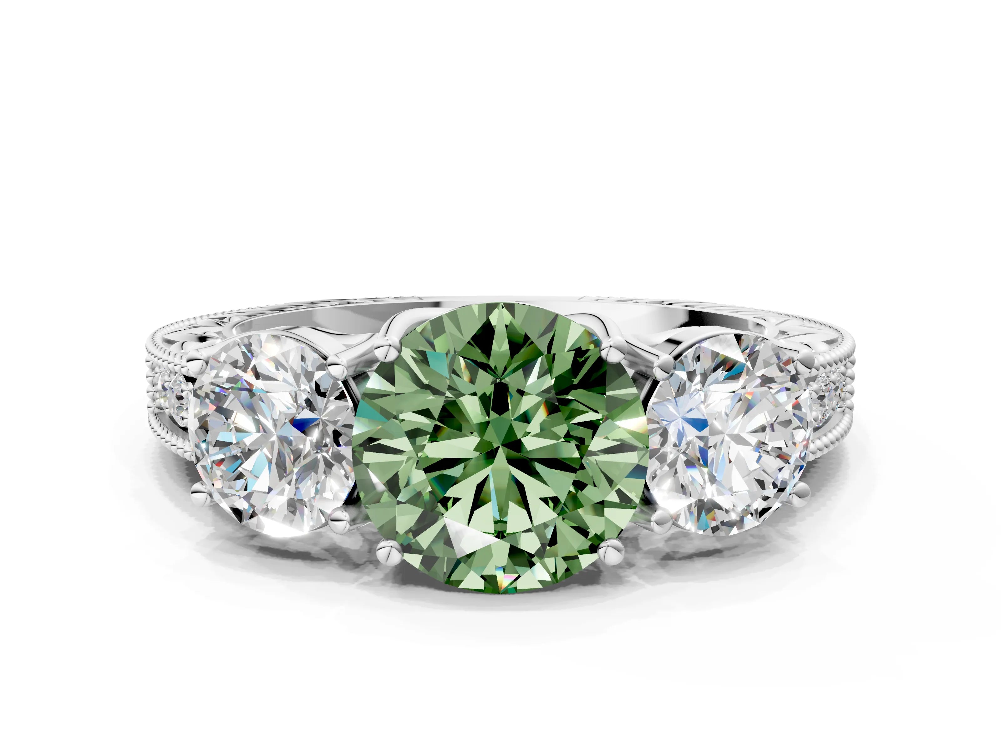 White gold Three-Stone Fancy Green Round Cut Cut Milgrain Pavé Engagement Ring_24