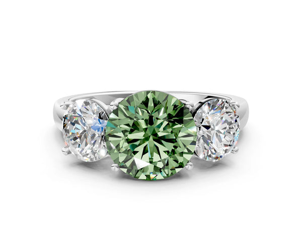 Platinum Three-Stone Fancy Green Round Cut Cut Solitaire Ring with Classic Prong Setting