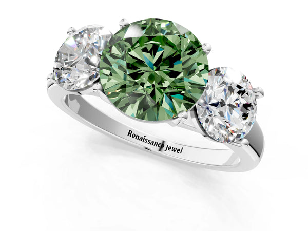Platinum Three-Stone Fancy Green Round Cut Cut Solitaire Ring with Classic Prong Setting