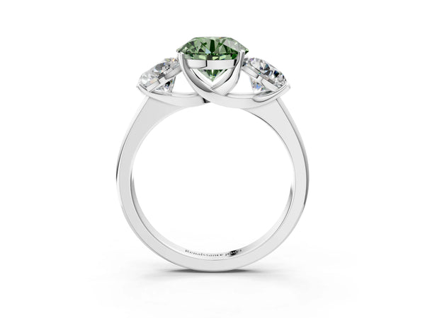 Platinum Three-Stone Fancy Green Round Cut Cut Solitaire Ring with Classic Prong Setting