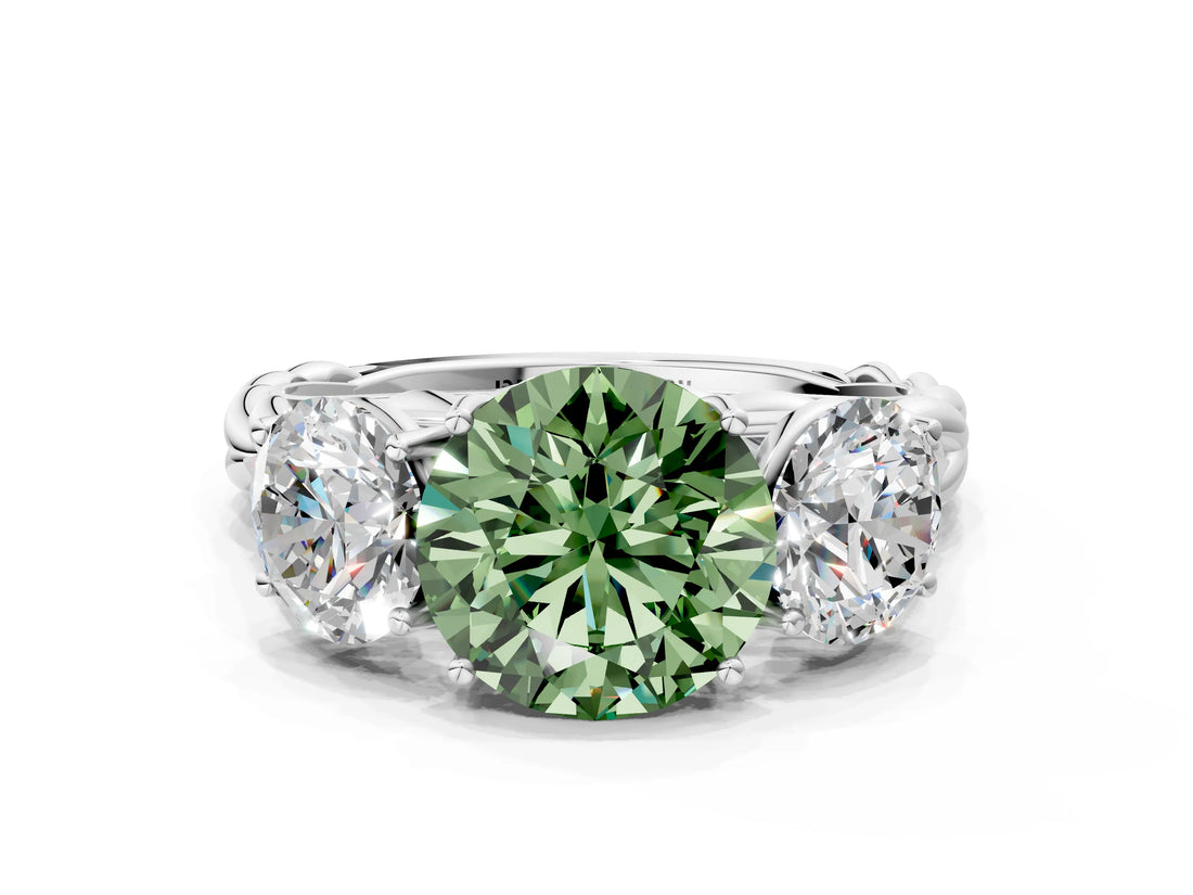 White gold Three-Stone Fancy Green Round Cut Diamond Braided Band Ring with Four-Prong Setting_32