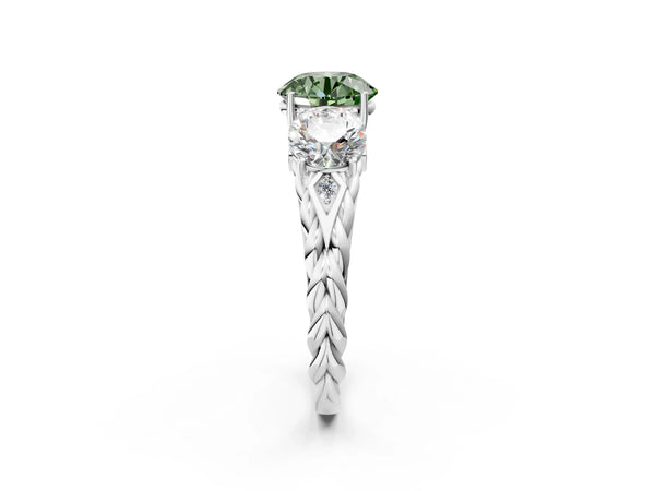 White Gold Round Three Stone Engagement Ring Setting for Fancy Green Center with Braided Band