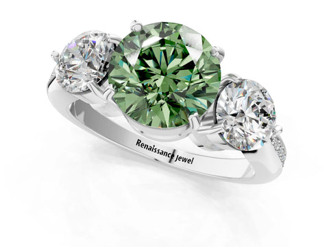 White gold Three-Stone Fancy Green Round Cut Diamond Channel Set Engagement Ring with Prong Setting_13