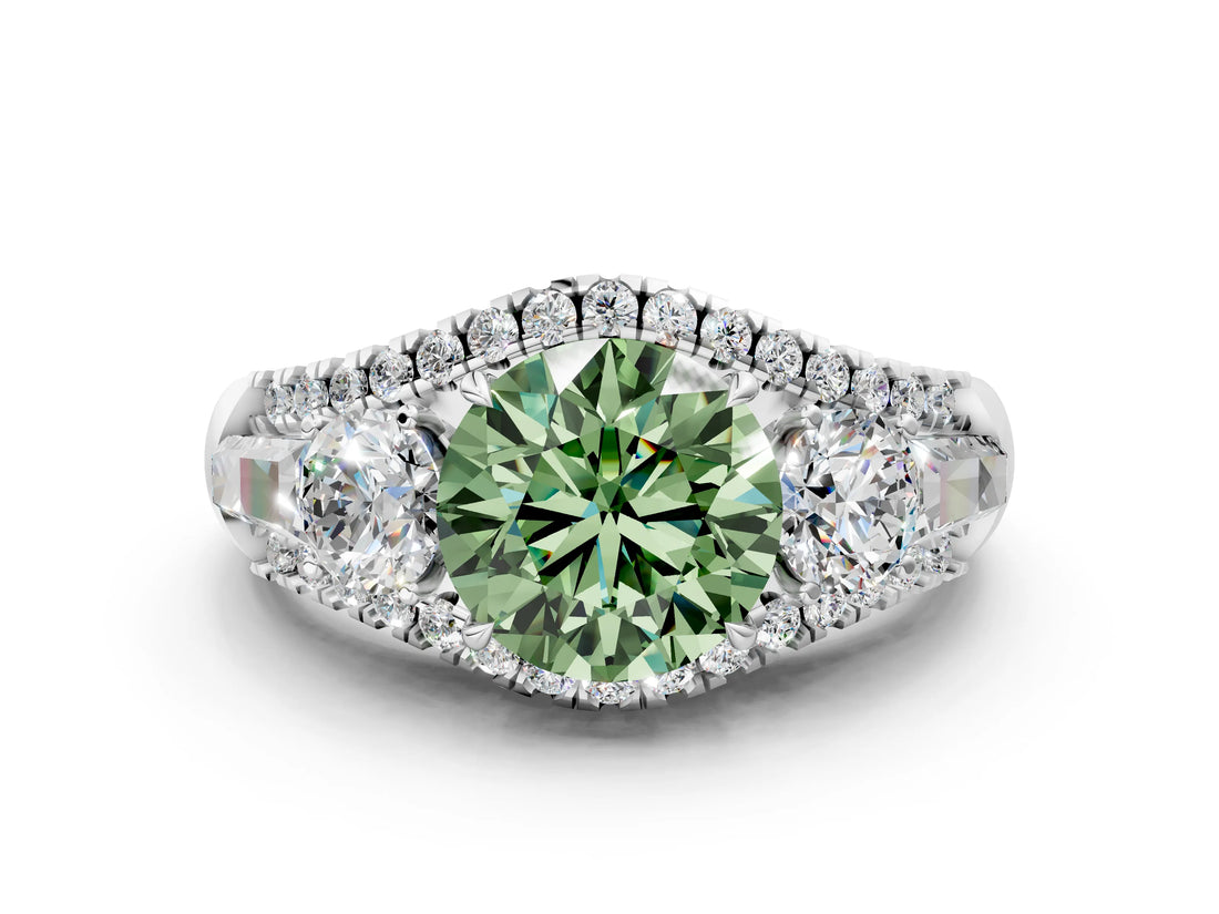 White gold Three-Stone Fancy Green Round Cut Diamond Engagement Ring with Pave Band and Prong Setting_12