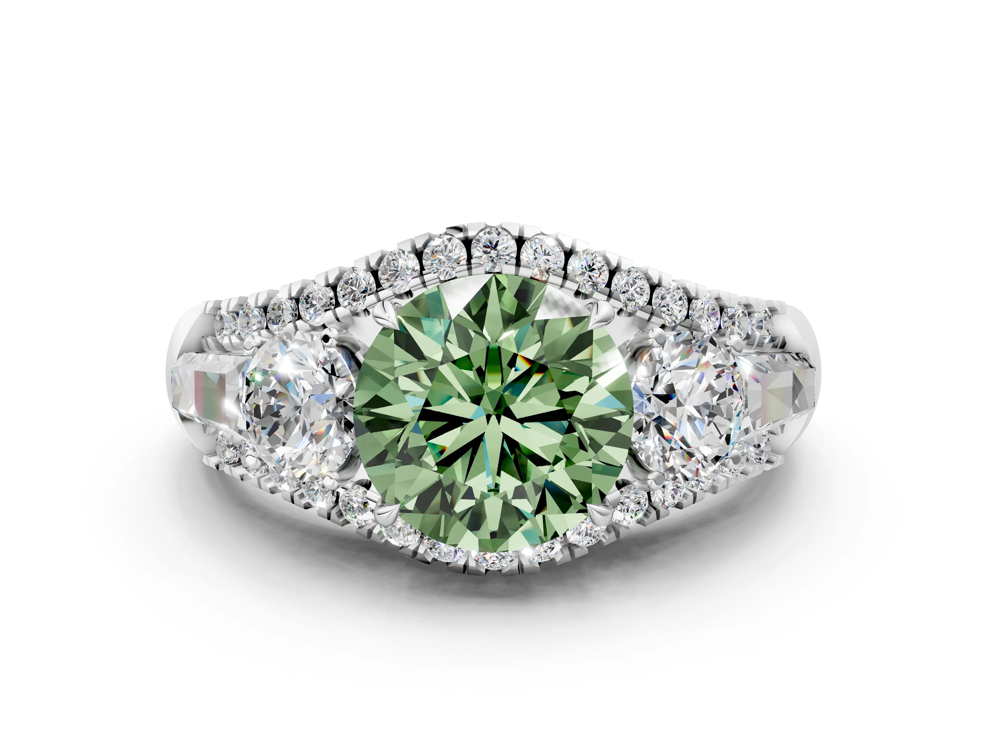White gold Three-Stone Fancy Green Round Cut Diamond Engagement Ring with Pave Band and Prong Setting_12