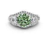White gold Three-Stone Fancy Green Round Cut Diamond Engagement Ring with Pave Band and Prong Setting_12