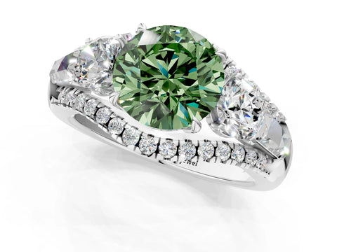 White gold Three-Stone Fancy Green Round Cut Diamond Engagement Ring with Pave Band and Prong Setting_13