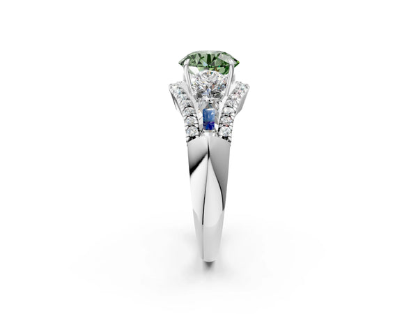 Platinum Round Five Stone Baguette Engagement Ring Setting for Fancy Green Center