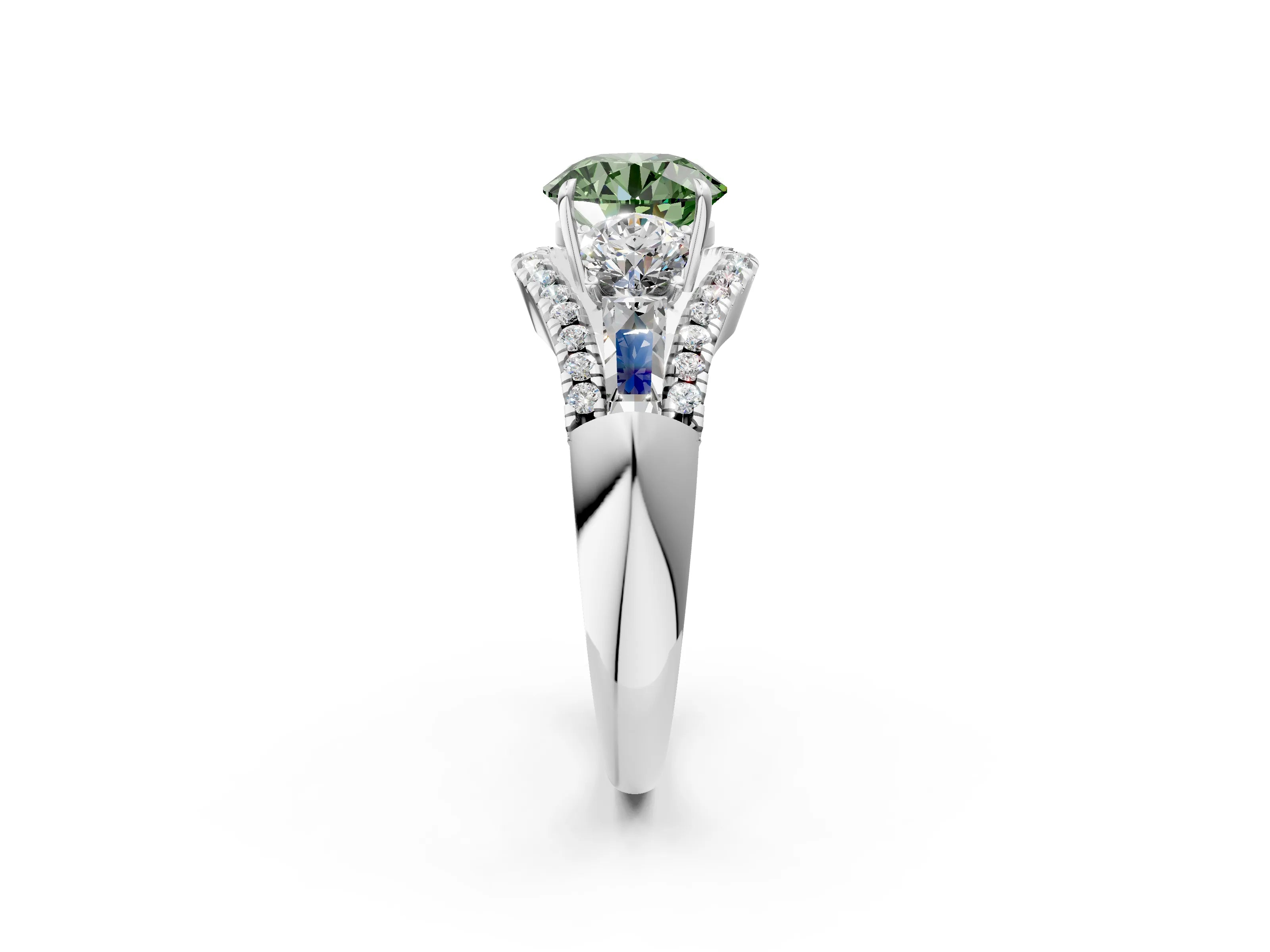 White gold Three-Stone Fancy Green Round Cut Diamond Engagement Ring with Pave Band and Prong Setting_14