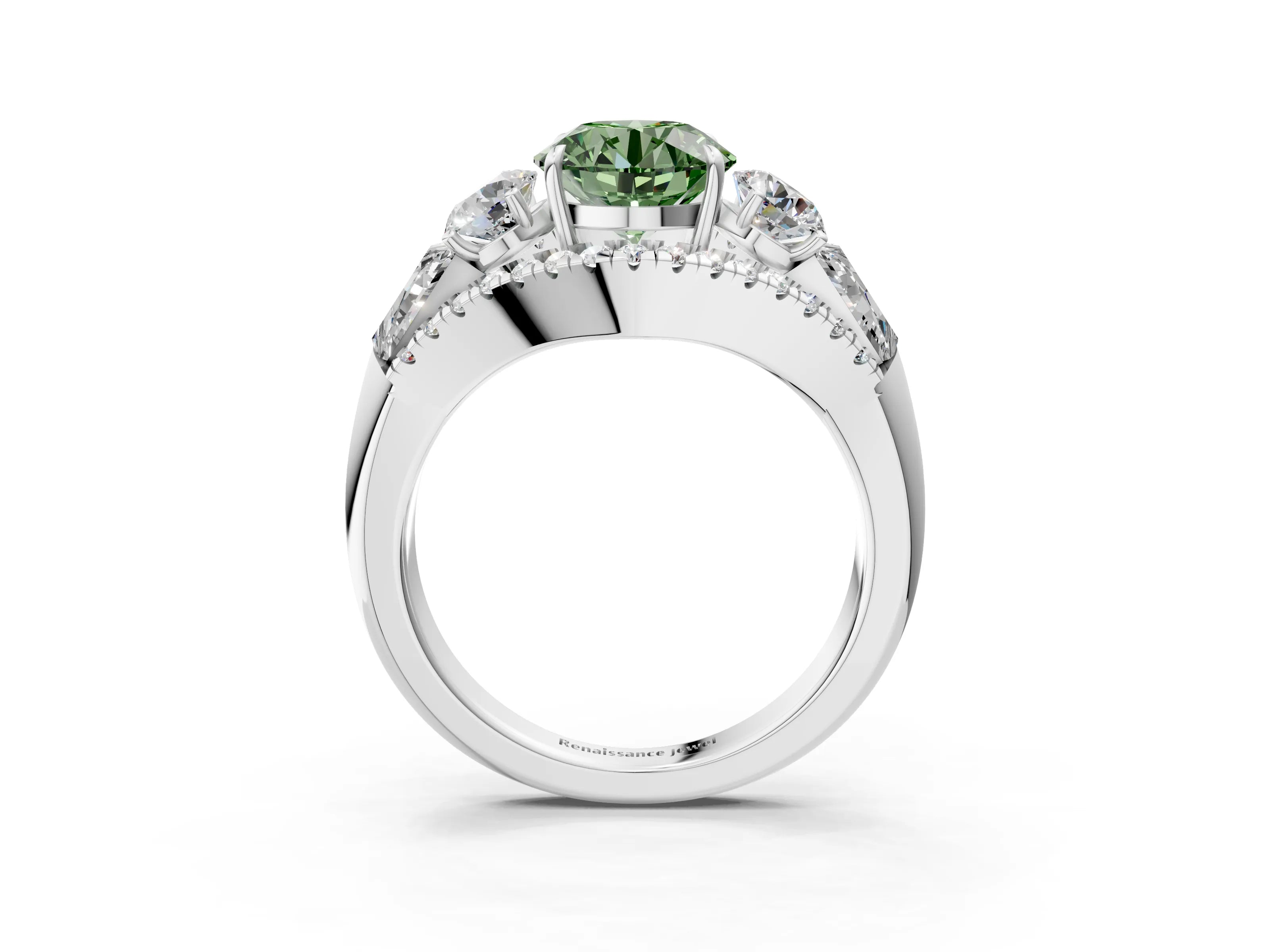 White gold Three-Stone Fancy Green Round Cut Diamond Engagement Ring with Pave Band and Prong Setting_15