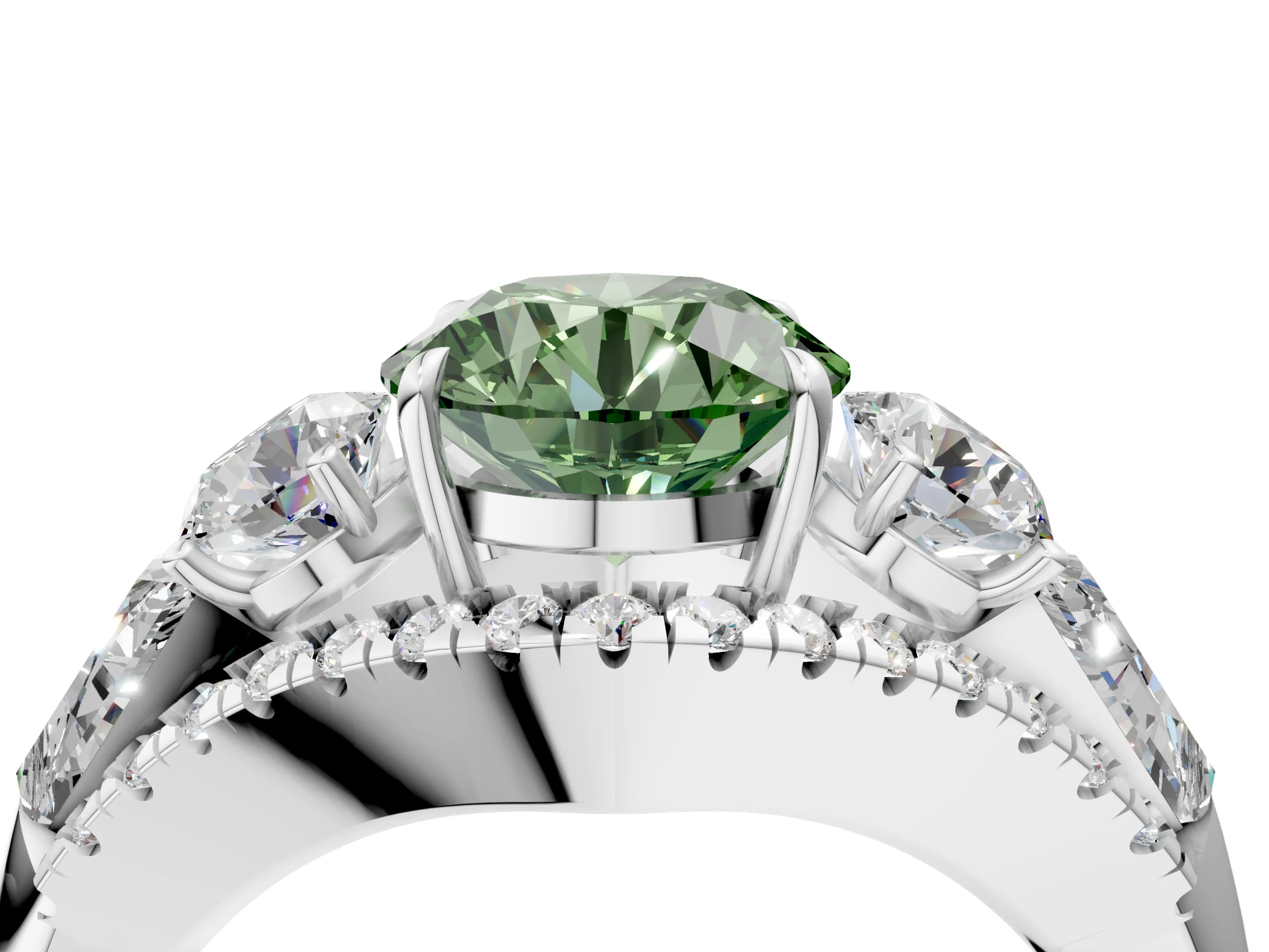 White gold Three-Stone Fancy Green Round Cut Diamond Engagement Ring with Pave Band and Prong Setting_16