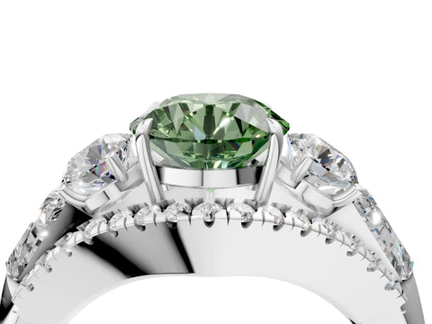 White gold Three-Stone Fancy Green Round Cut Diamond Engagement Ring with Pave Band and Prong Setting_16