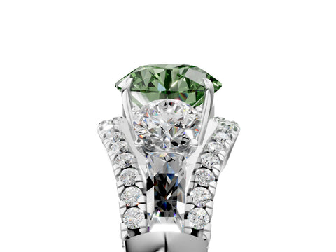 White gold Three-Stone Fancy Green Round Cut Diamond Engagement Ring with Pave Band and Prong Setting_17