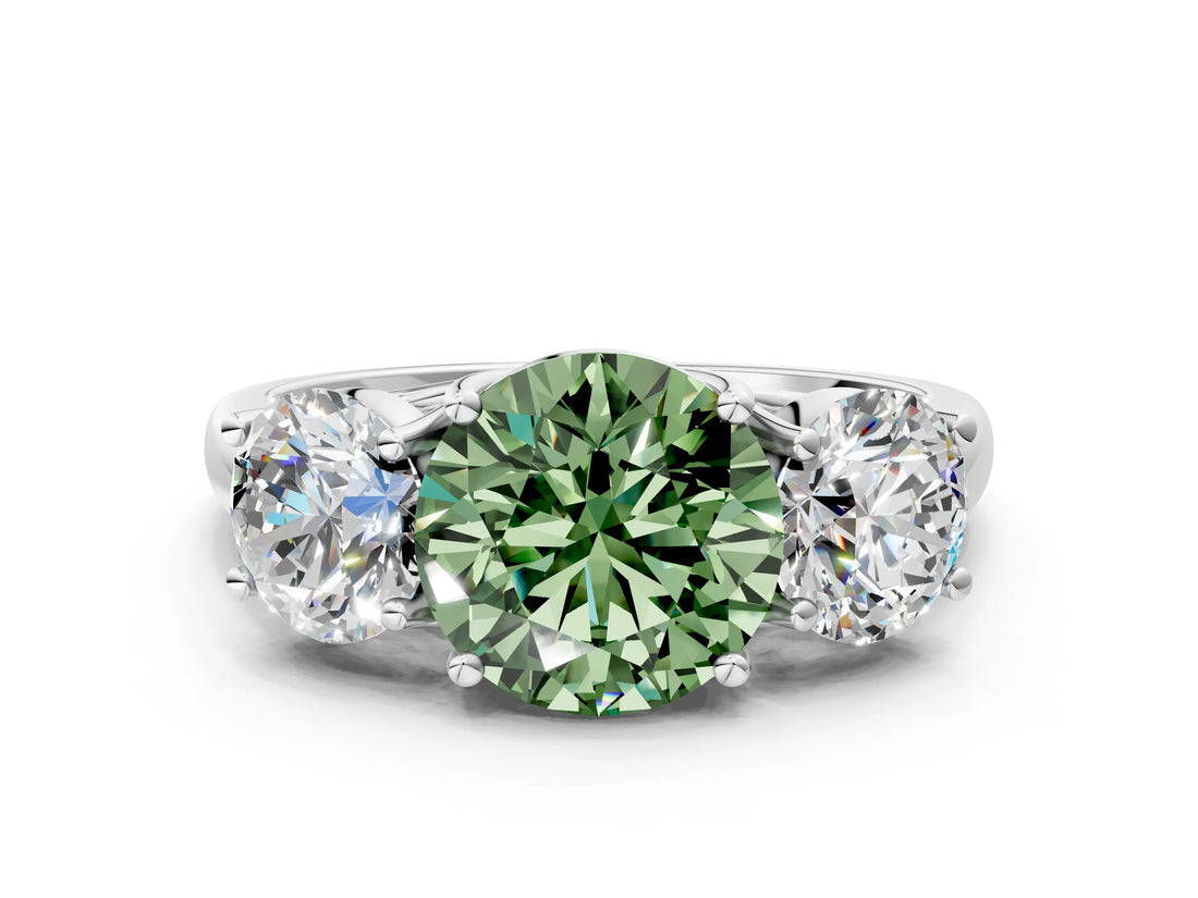 White gold Three-Stone Fancy Green Round Cut Diamond Engagement Ring with Prong Setting_15