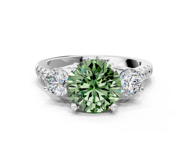 Platinum Three-Stone Fancy Green Round Cut Diamond Pavé Band with Four-Prong Setting