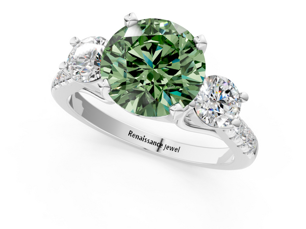 Platinum Three-Stone Fancy Green Round Cut Diamond Pavé Band with Four-Prong Setting