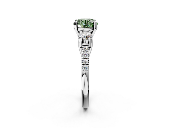 Platinum Three-Stone Fancy Green Round Cut Diamond Pavé Band with Four-Prong Setting