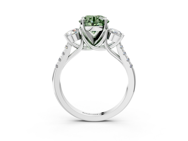 Platinum Three-Stone Fancy Green Round Cut Diamond Pavé Band with Four-Prong Setting