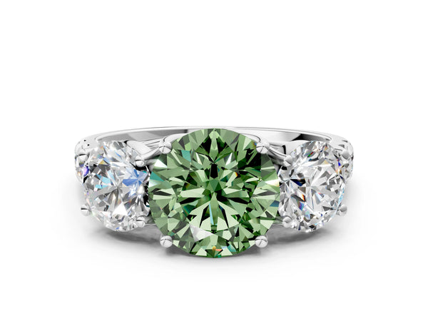 Platinum Three-Stone Fancy Green Round Cut Diamond Pavé Band with Prong Setting