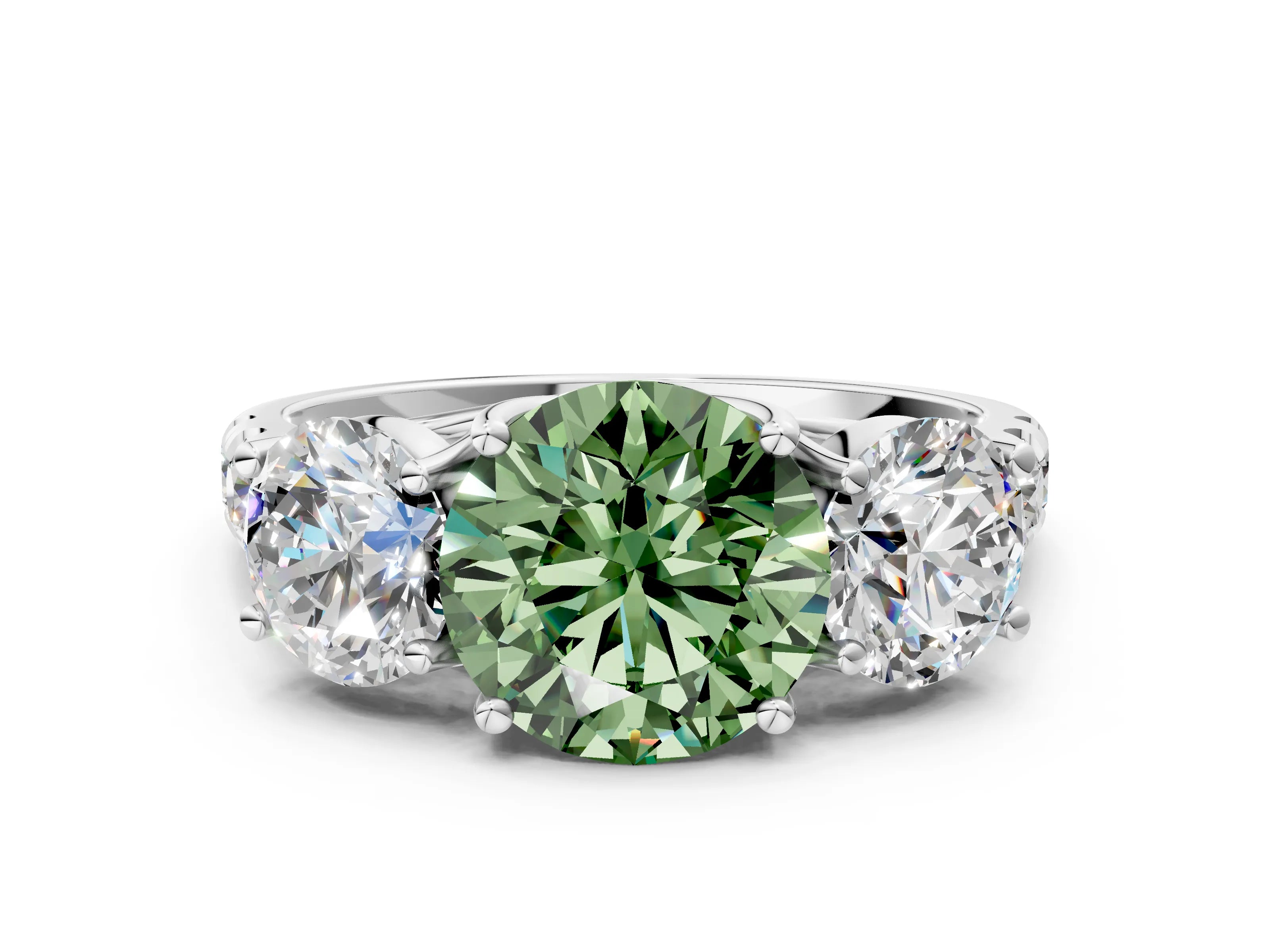 White gold Three-Stone Fancy Green Round Cut Diamond Pavé Band with Prong Setting_12