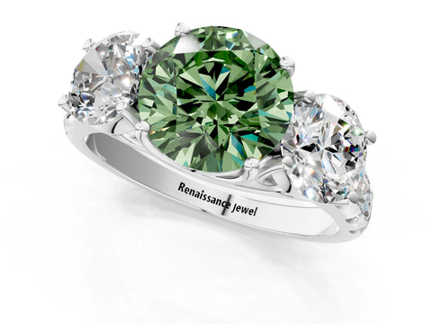 White gold Three-Stone Fancy Green Round Cut Diamond Pavé Band with Prong Setting_13