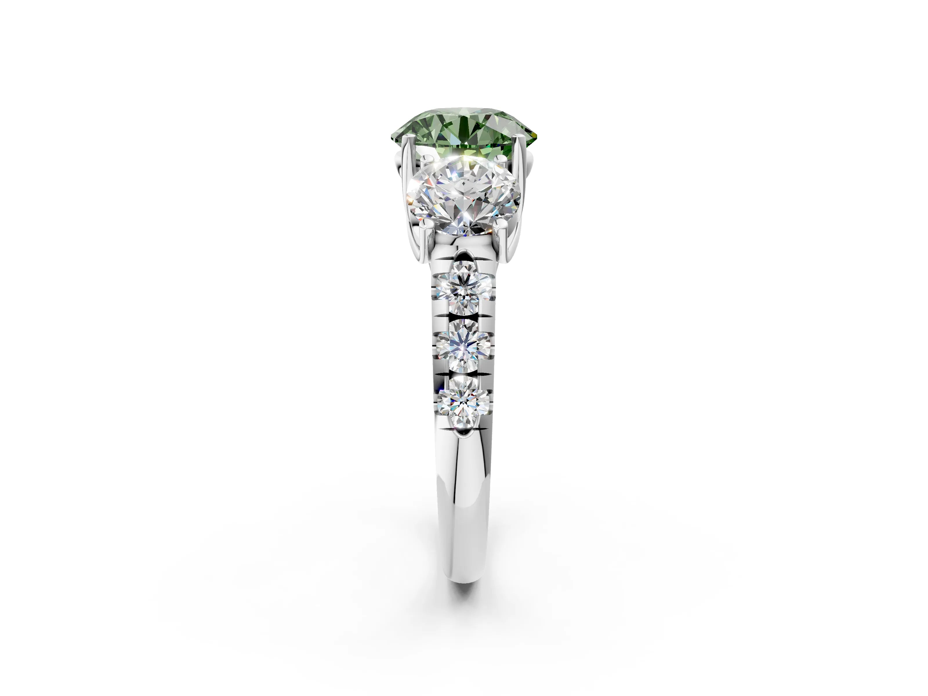 White gold Three-Stone Fancy Green Round Cut Diamond Pavé Band with Prong Setting_14
