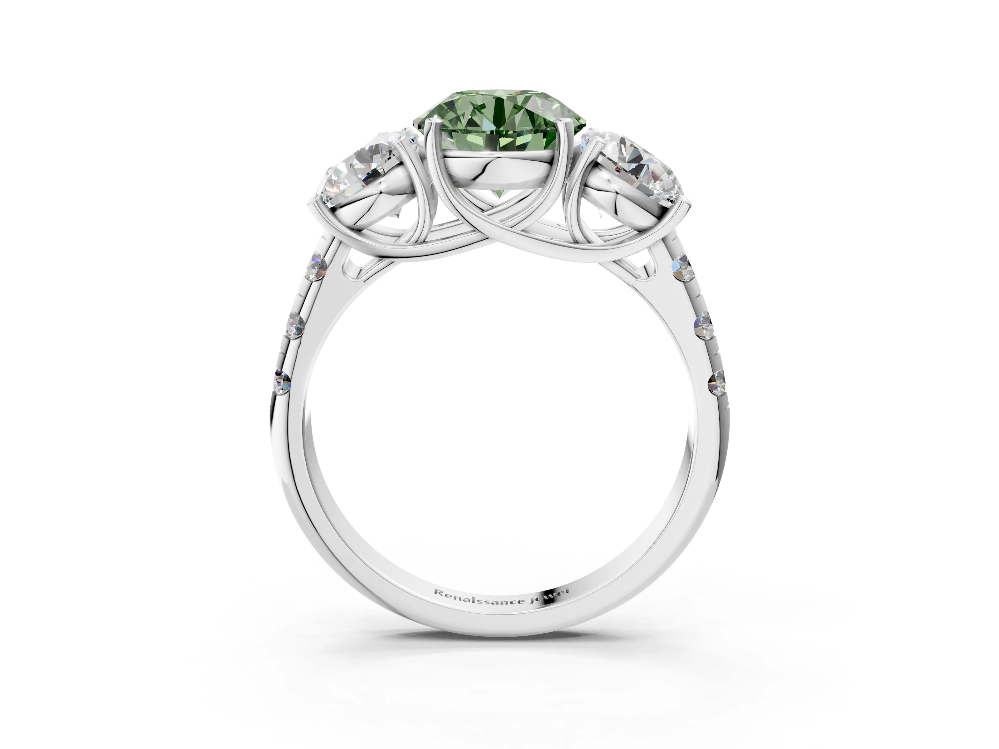 White gold Three-Stone Fancy Green Round Cut Diamond Pavé Band with Prong Setting_15