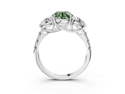White gold Three-Stone Fancy Green Round Cut Diamond Pavé Band with Prong Setting_15