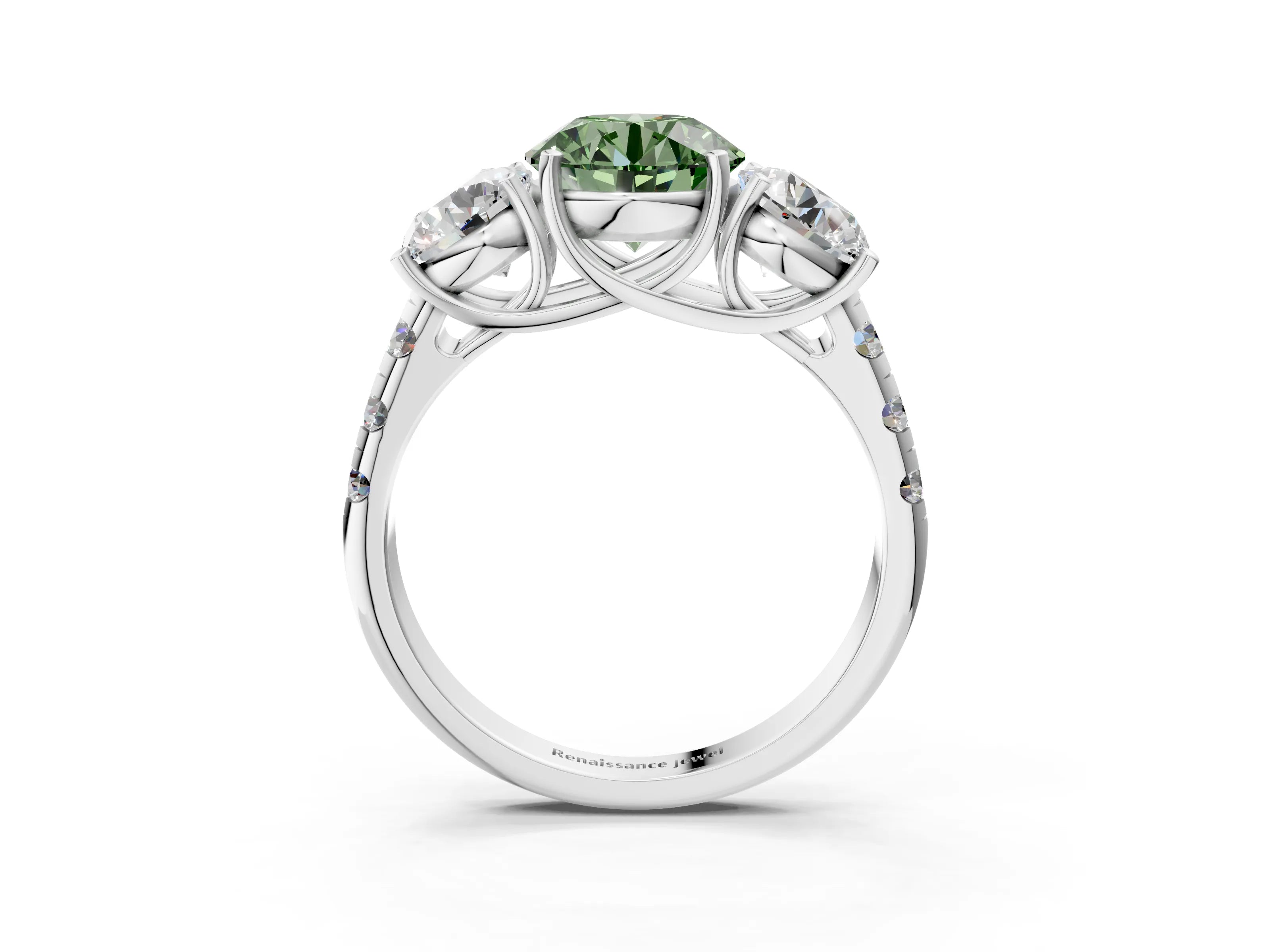 White gold Three-Stone Fancy Green Round Cut Diamond Pavé Band with Prong Setting_3