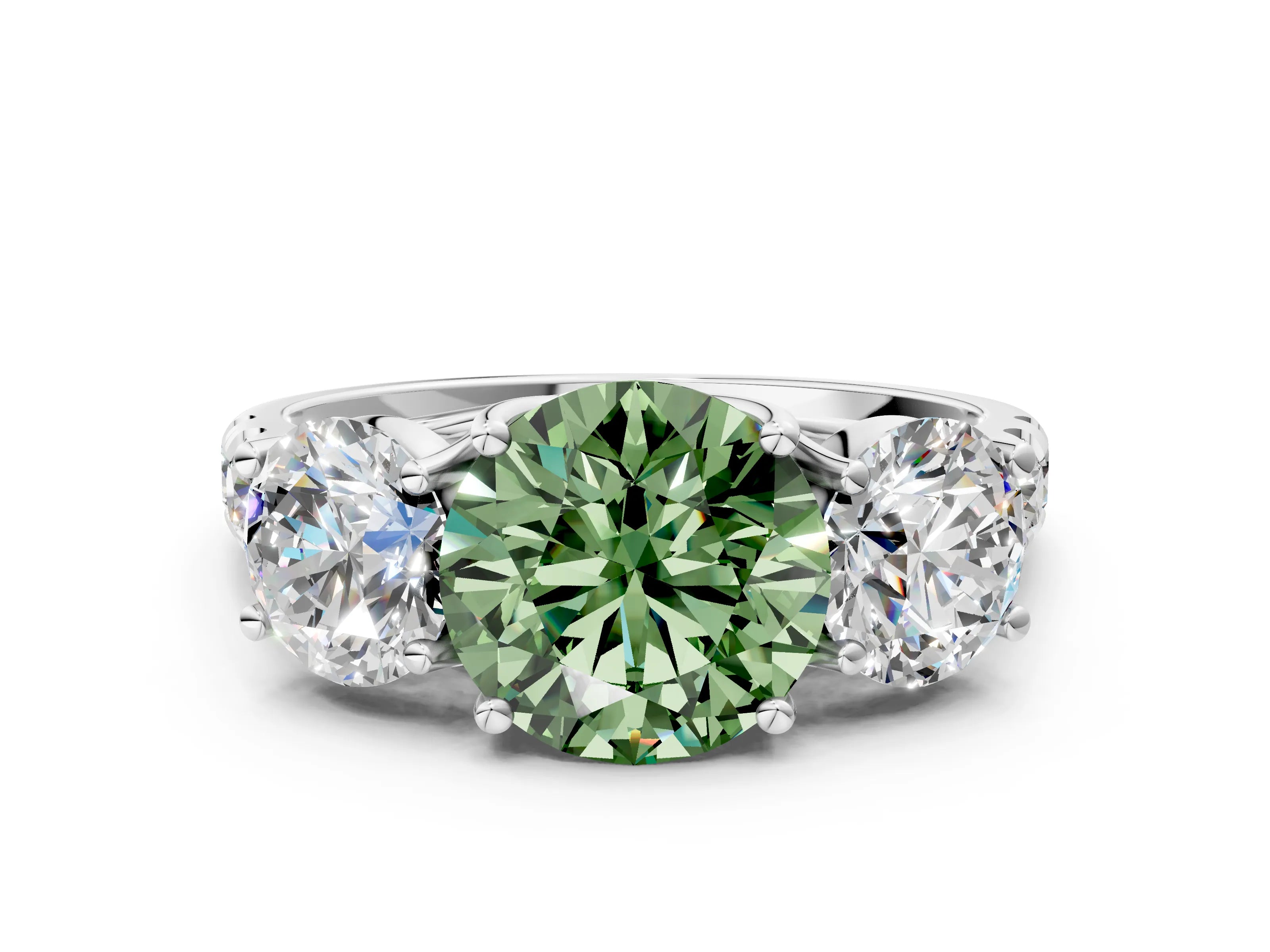 White gold Three-Stone Fancy Green Round Cut Diamond Pavé Band with Prong Setting