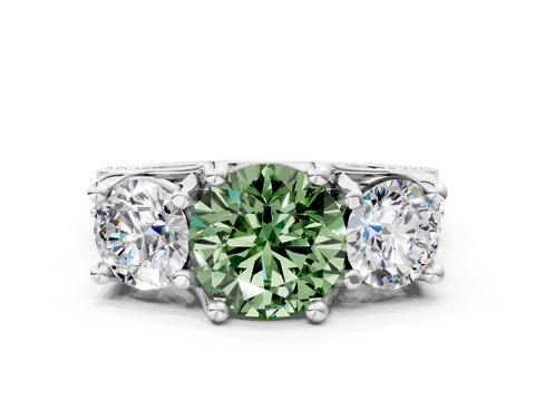 White gold Three-Stone Fancy Green Round  Cut Diamond Ring with Channel-Set Band and Four-Prong Setting_32