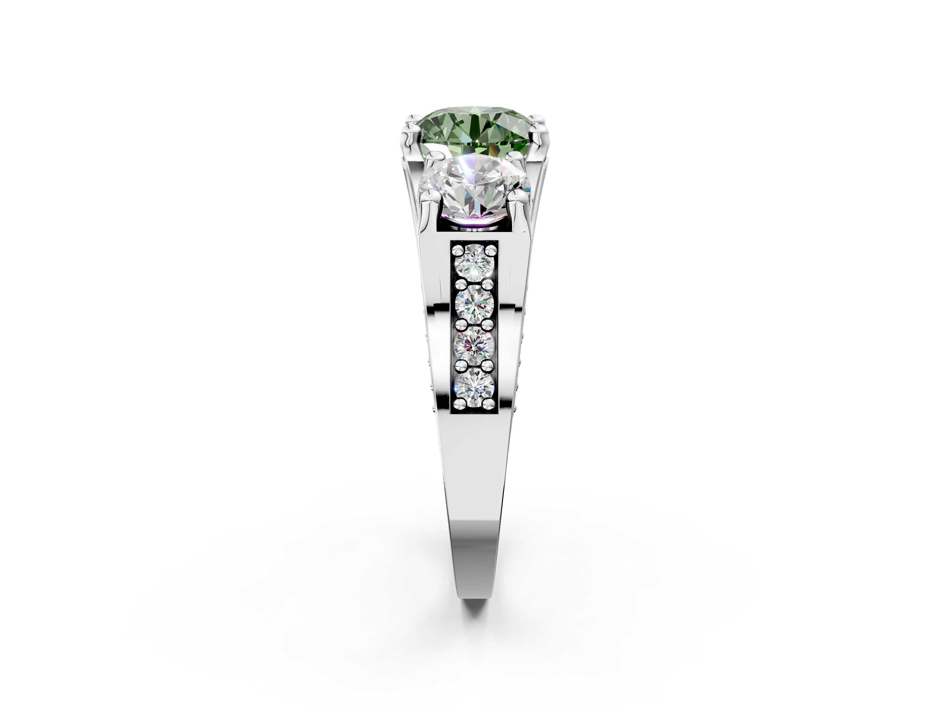 White gold Three-Stone Fancy Green Round  Cut Diamond Ring with Channel-Set Band and Four-Prong Setting_34