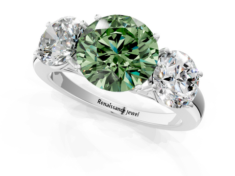 White gold Three-Stone Fancy Green Round  Cut Diamond Ring with Channel-Set Band and Four-Prong Setting_52