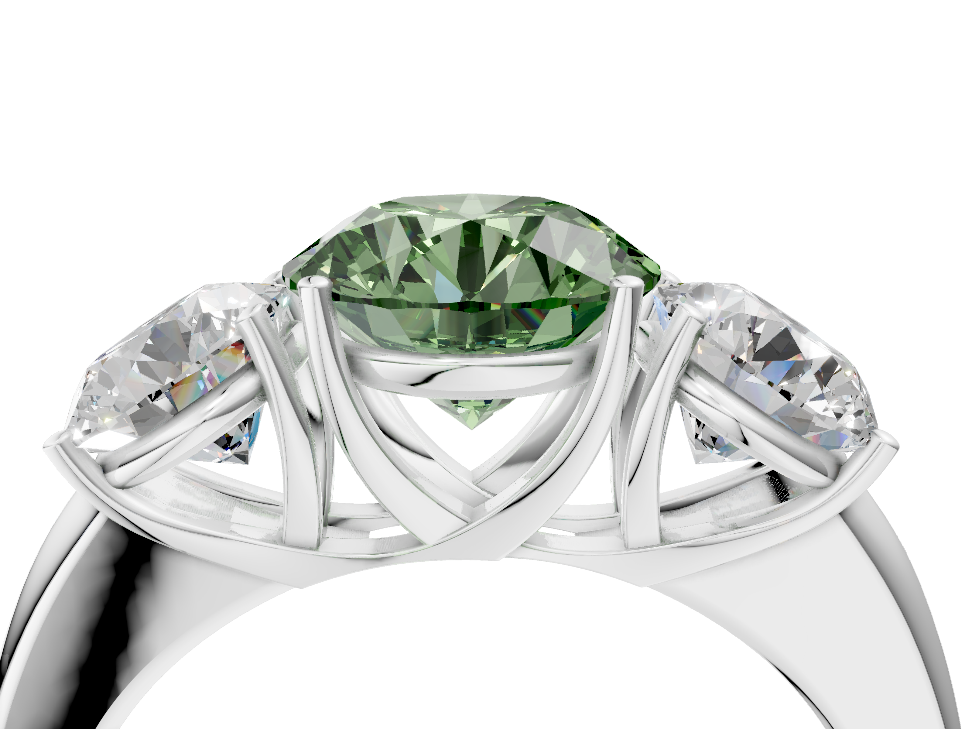White gold Three-Stone Fancy Green Round  Cut Diamond Ring with Channel-Set Band and Four-Prong Setting_53