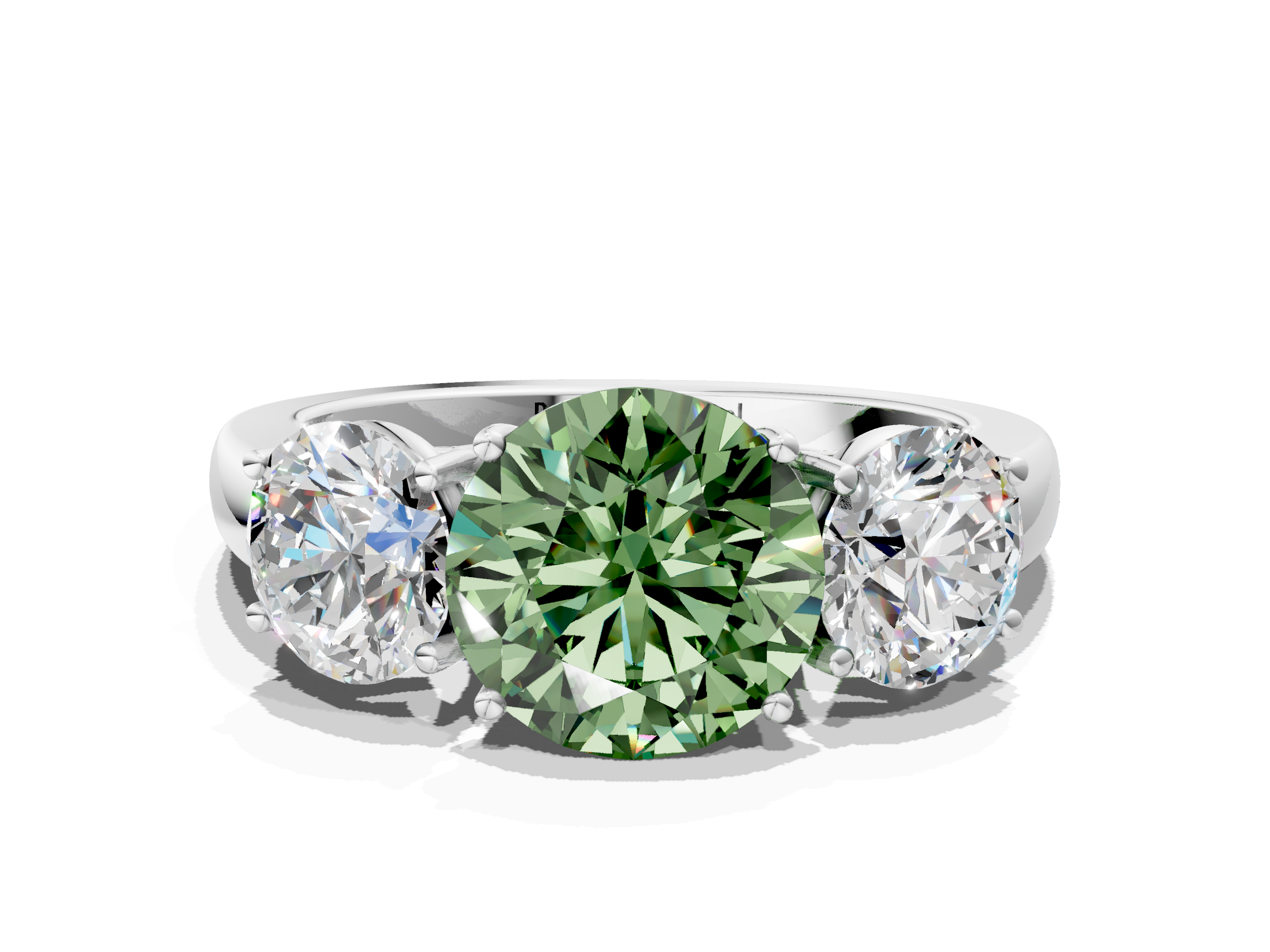 White gold Three-Stone Fancy Green Round  Cut Diamond Ring with Channel-Set Band and Four-Prong Setting_66