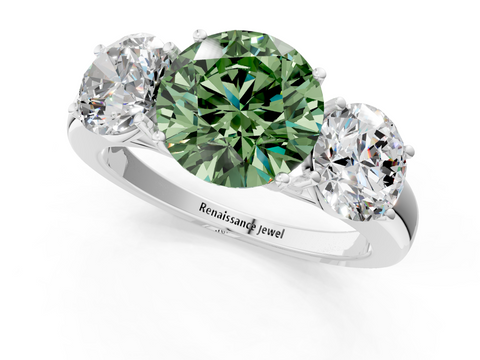 White gold Three-Stone Fancy Green Round  Cut Diamond Ring with Channel-Set Band and Four-Prong Setting_67