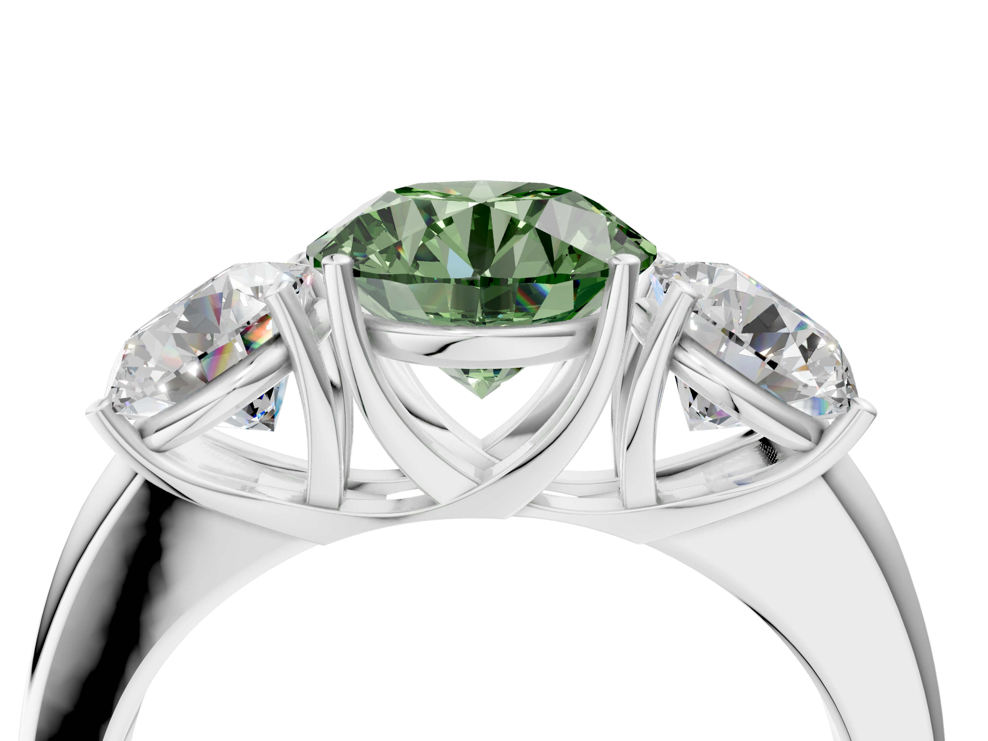 White gold Three-Stone Fancy Green Round  Cut Diamond Ring with Channel-Set Band and Four-Prong Setting_70