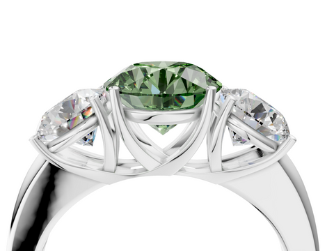 White gold Three-Stone Fancy Green Round  Cut Diamond Ring with Channel-Set Band and Four-Prong Setting_70