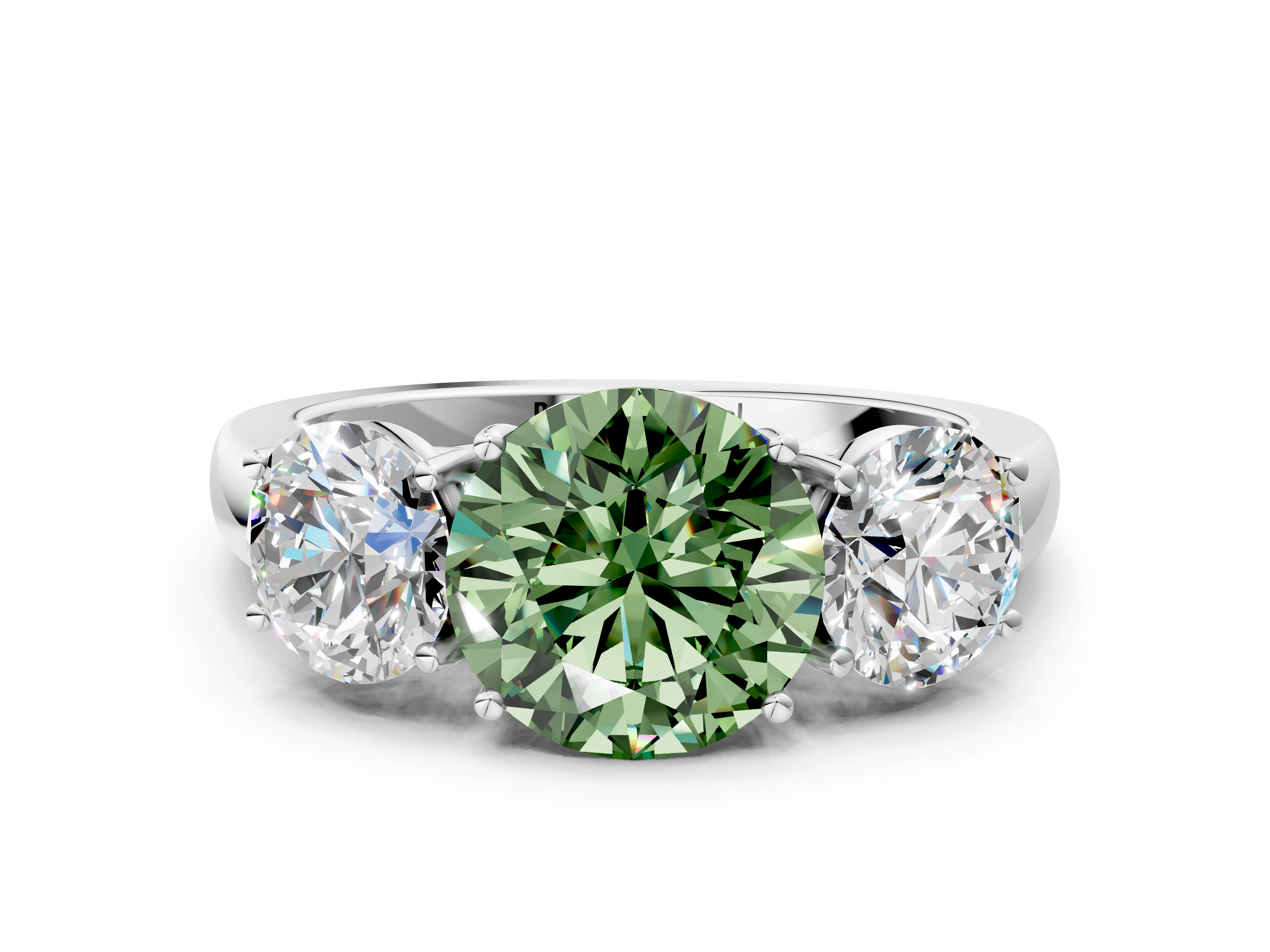 White gold Three-Stone Fancy Green Round  Cut Diamond Ring with Channel-Set Band and Four-Prong Setting_85