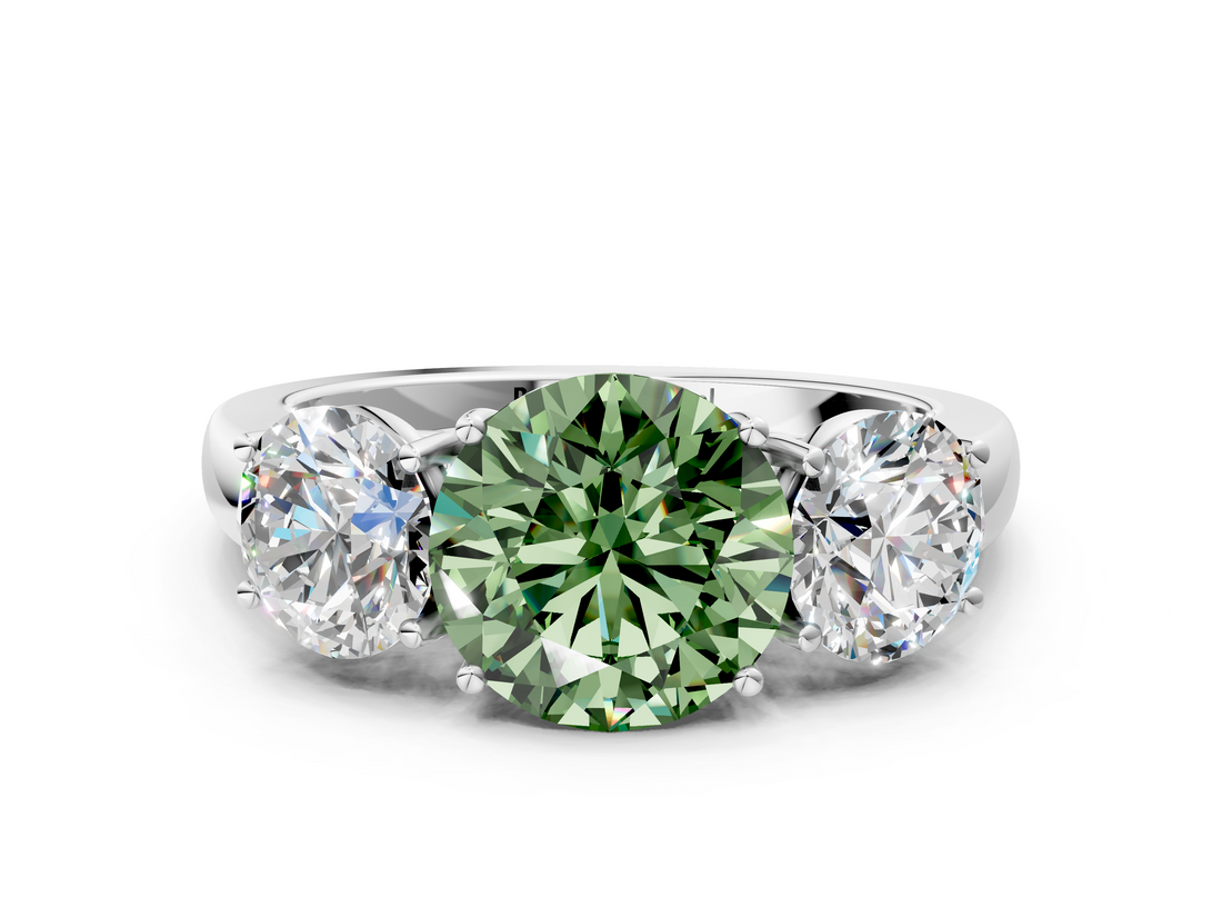 White gold Three-Stone Fancy Green Round  Cut Diamond Ring with Channel-Set Band and Four-Prong Setting_85
