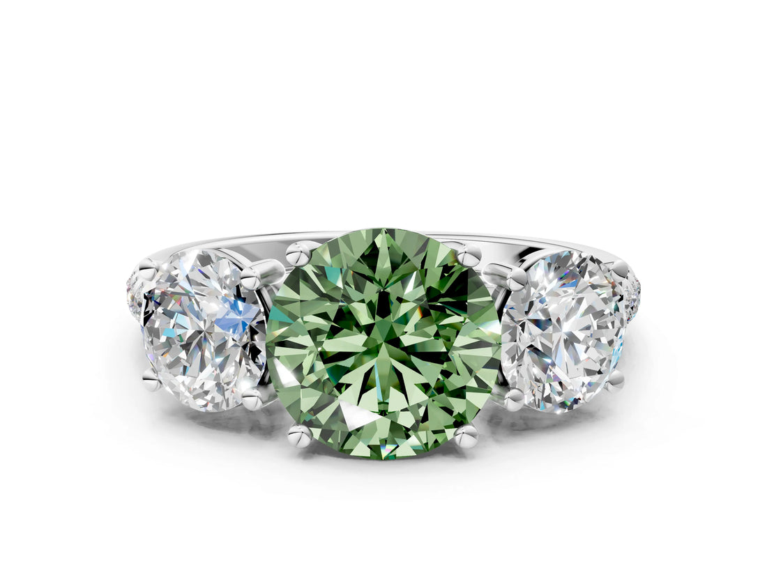 White gold Three-Stone Fancy Green Round Cut Diamond Ring with Pavé Band and Prong Setting_111