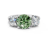 White gold Three-Stone Fancy Green Round Cut Diamond Ring with Pavé Band and Prong Setting_123
