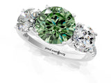 White gold Three-Stone Fancy Green Round Cut Diamond Ring with Pavé Band and Prong Setting_124