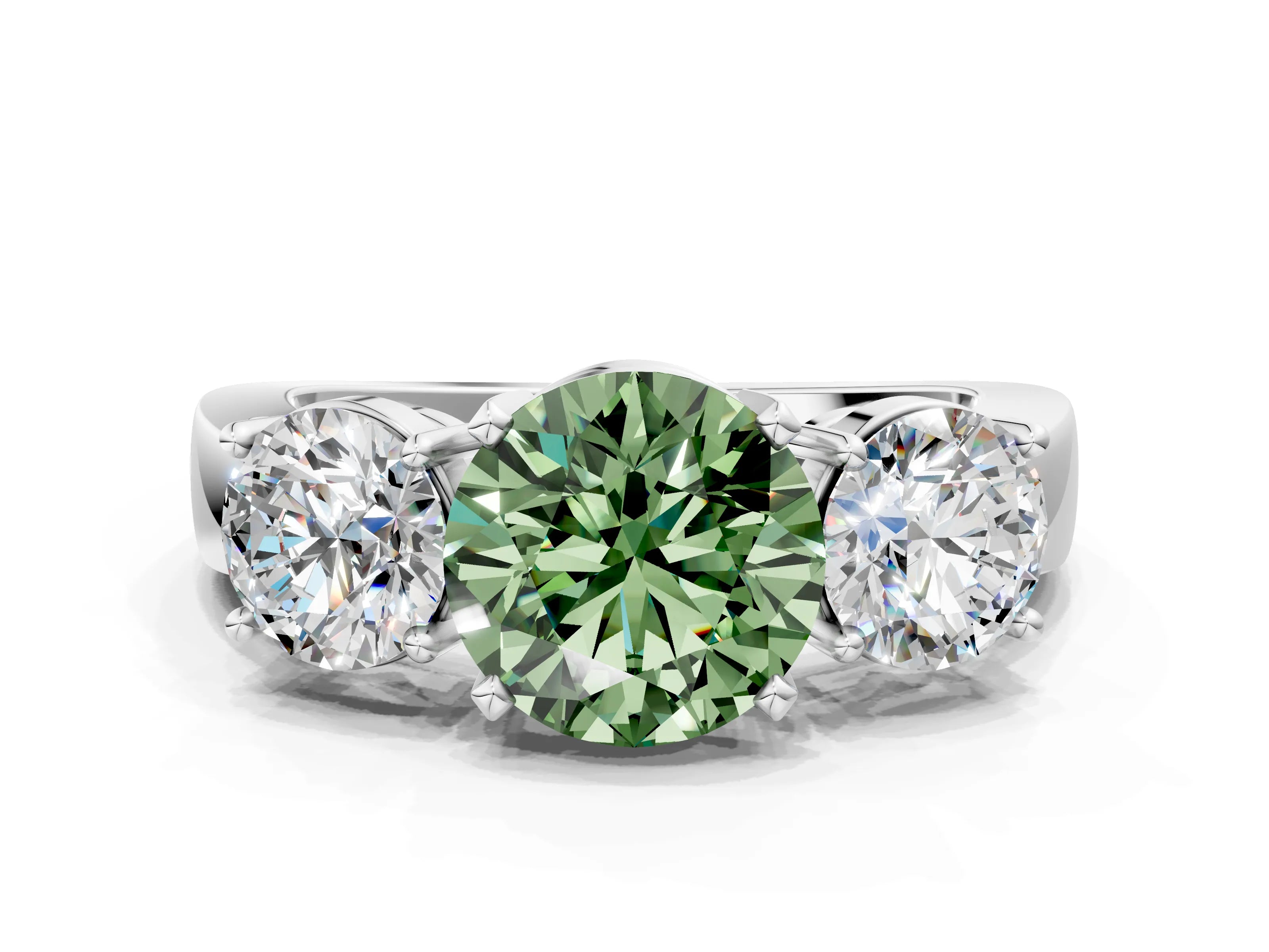White gold Three-Stone Fancy Green Round Cut Diamond Ring with Round Side Stones, Classic Band, and Four-Prong Setting