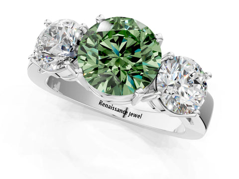White gold Three-Stone Fancy Green Round Cut Diamond Ring with Round Side Stones, Classic Band, and Four-Prong Setting_1