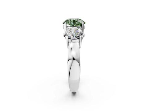 White gold Three-Stone Fancy Green Round Cut Diamond Ring with Round Side Stones, Classic Band, and Four-Prong Setting_2