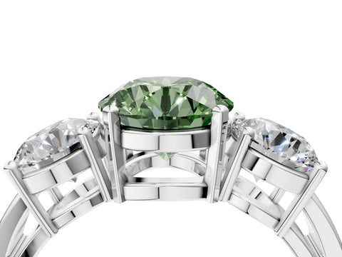 White gold Three-Stone Fancy Green Round Cut Diamond Ring with Round Side Stones, Classic Band, and Four-Prong Setting_4