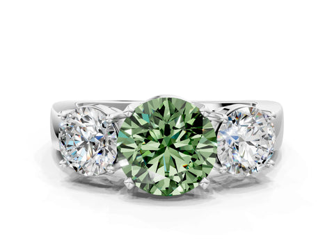 White gold Three-Stone Fancy Green Round Cut Diamond Ring with Round Side Stones, Classic Band, and Four-Prong Setting